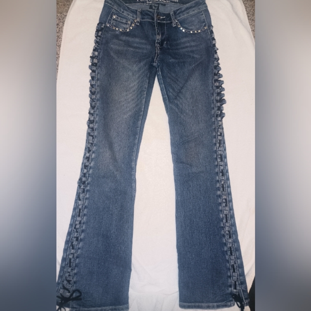 Platinum Plush lace up leg blue jeans, boot cut size 5